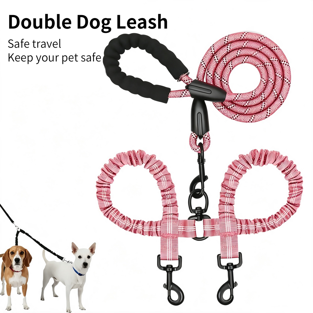 Y-Shaped Dual Dog Leash | Shock Absorbing Reflective Two Dog Walking Leash with 360° No Tangle Swivel & Padded Handle