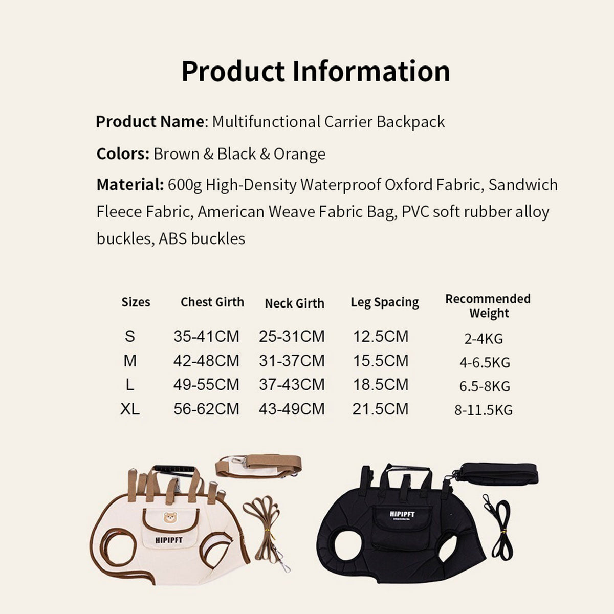 Multifunctional Pet Carrier Harness Backpack, Crossbody & Single‑Shoulder Wearable Sling Bag for Small Dogs & Cats, with 1.5m Matching Leash, 600D Waterproof Oxford Fabric