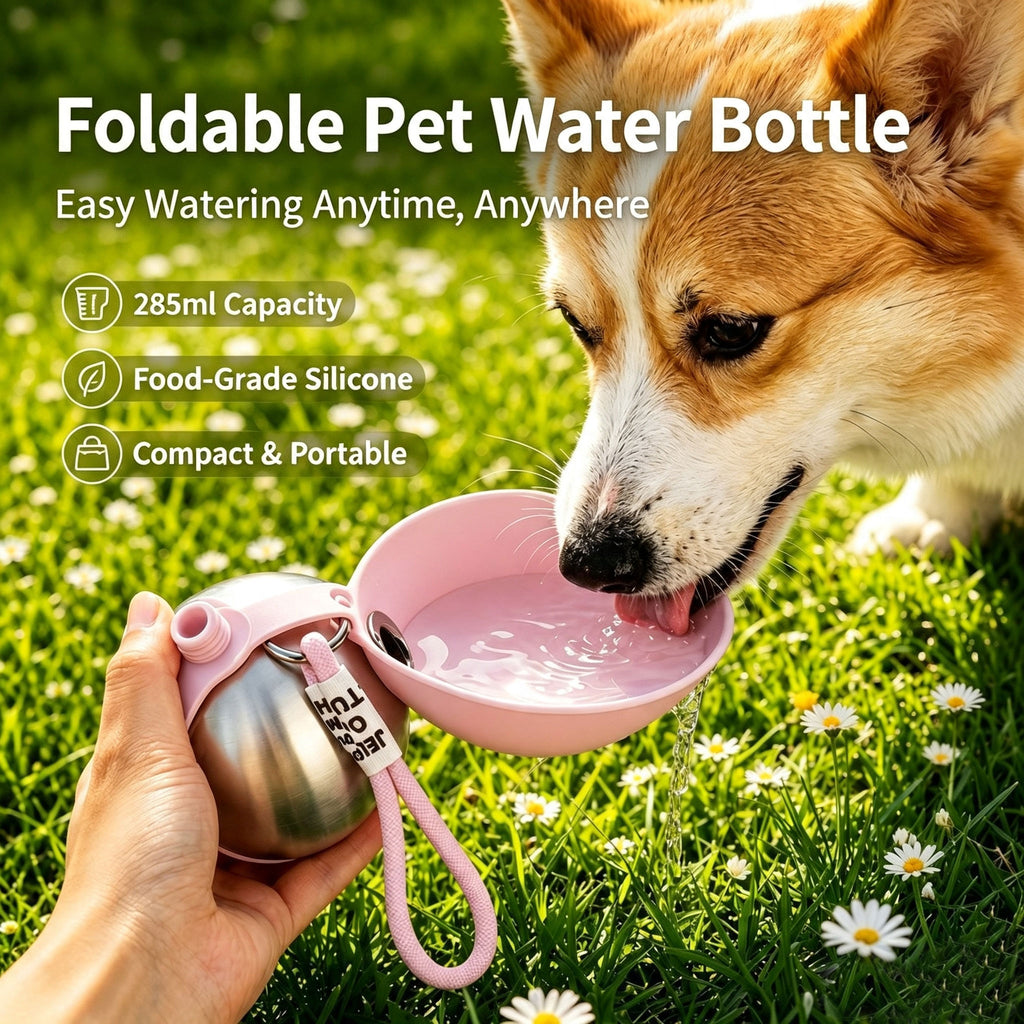 Portable Dog Water Bottle, 285ml Foldable Silicone Pet Travel Water Bowl, Stainless Steel Outdoor Water Dispenser for Walking Hiking Camping