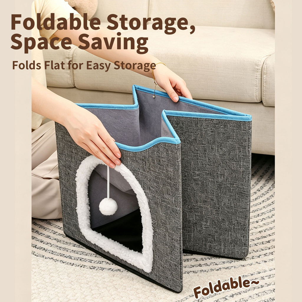 2‑Tier Foldable Cat House with Sisal Scratcher, Washable 2‑Story Cat Cube Bed, All‑Season Breathable Cat Condo