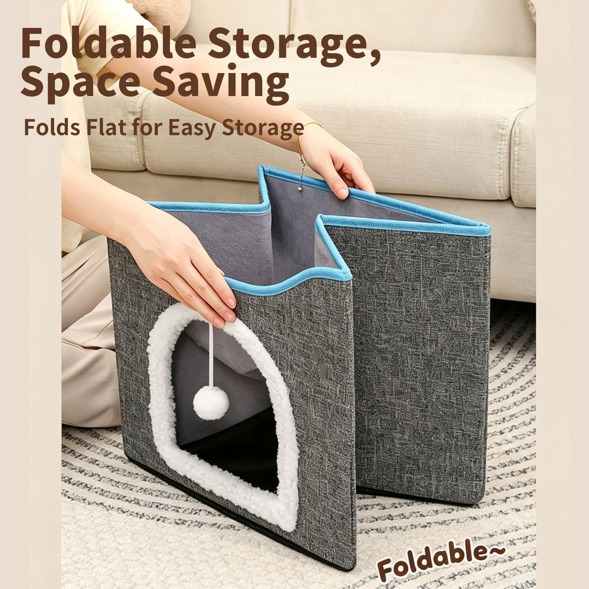 2‑Tier Foldable Cat House with Sisal Scratcher, Washable 2‑Story Cat Cube Bed, All‑Season Breathable Cat Condo
