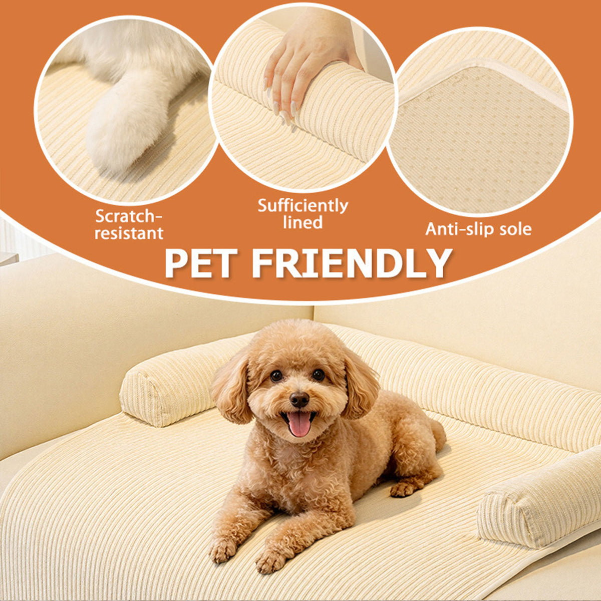 Pet Couch Bed Mat — Corduroy Dog Sofa Cover with Bolster, Non-Slip & Washable