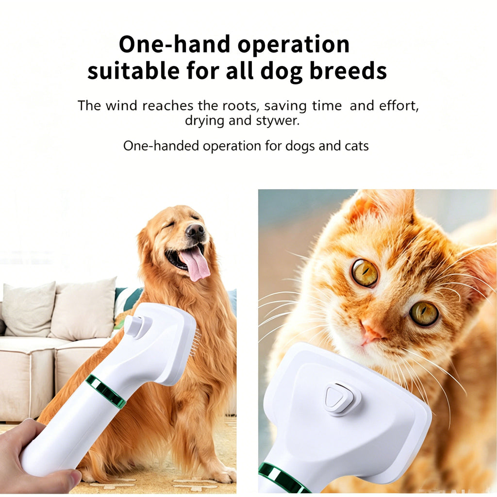 2‑in‑1 Pet Hair Dryer Brush, 300W Low‑Noise Hot Air Grooming Comb, 3 Speed Adjustable, Detangling & Drying Brush for Dogs & Cats, 110‑230V Multi‑Plug