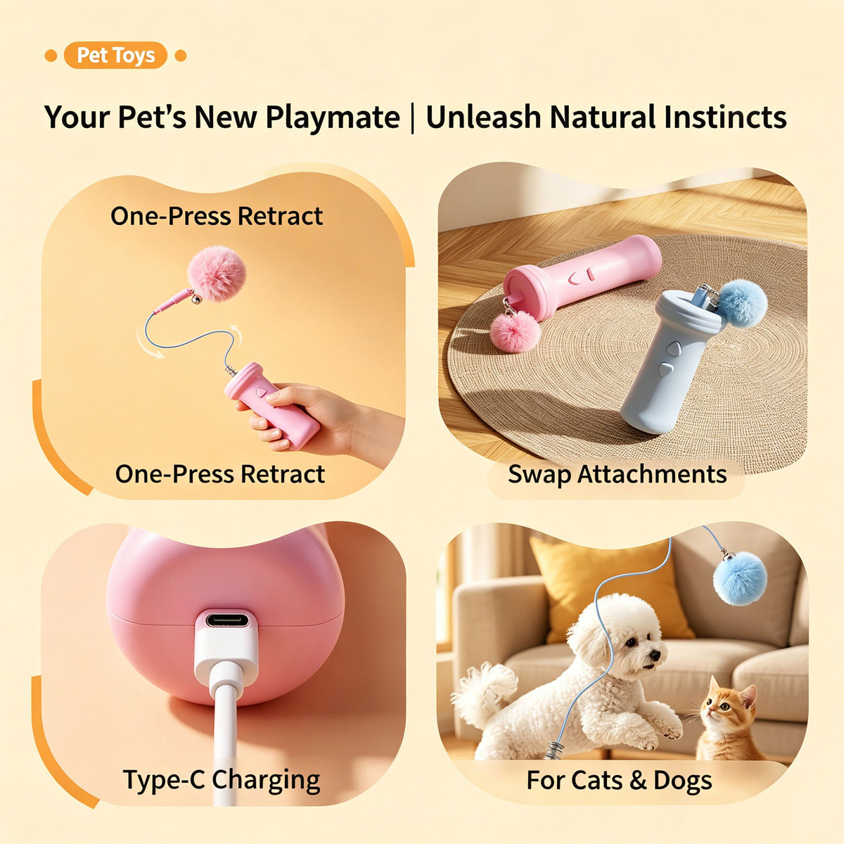 Interactive Electric Cat Teaser — Retractable String Toy with Pom-Pom