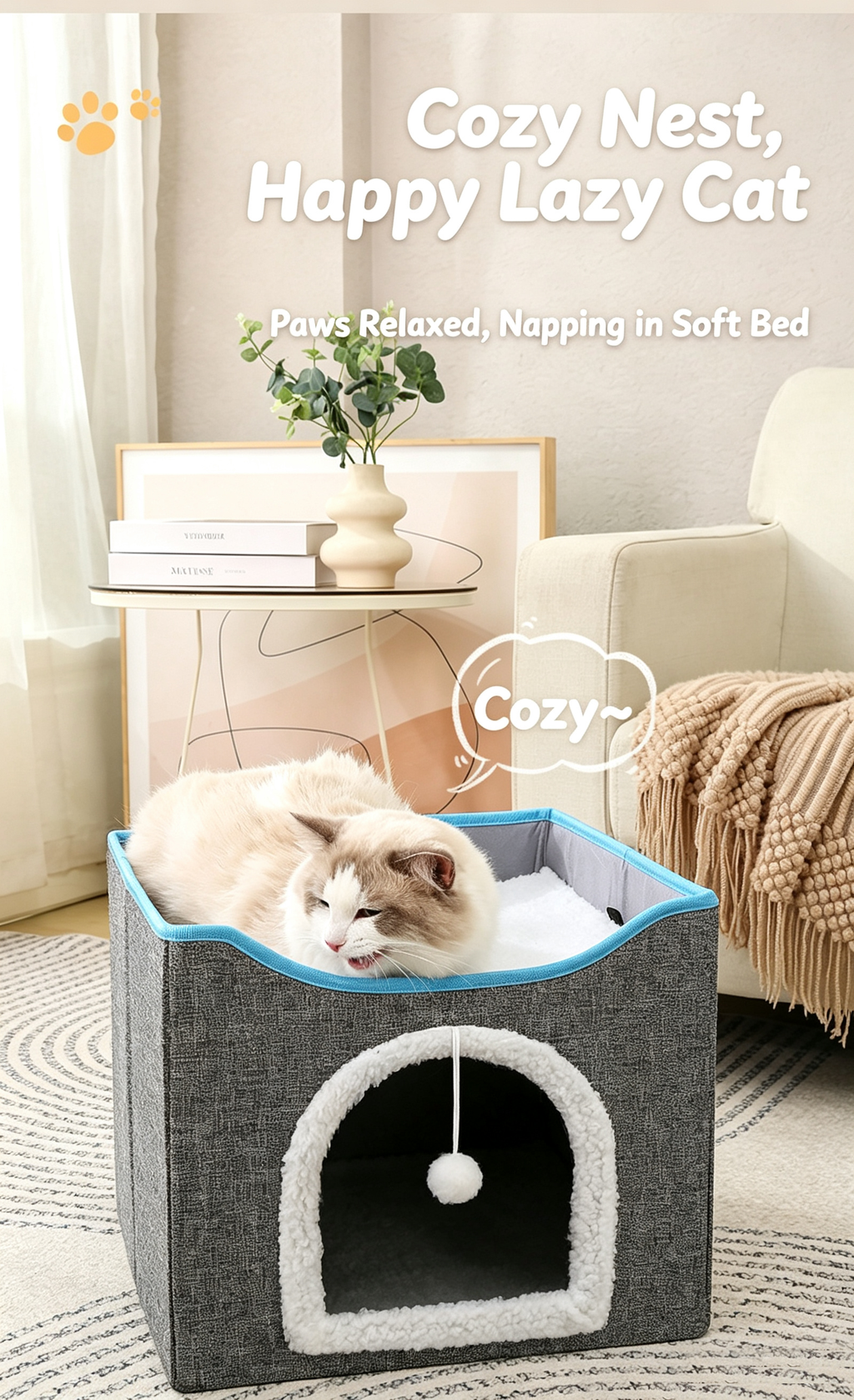 2‑Tier Foldable Cat House with Sisal Scratcher, Washable 2‑Story Cat Cube Bed, All‑Season Breathable Cat Condo