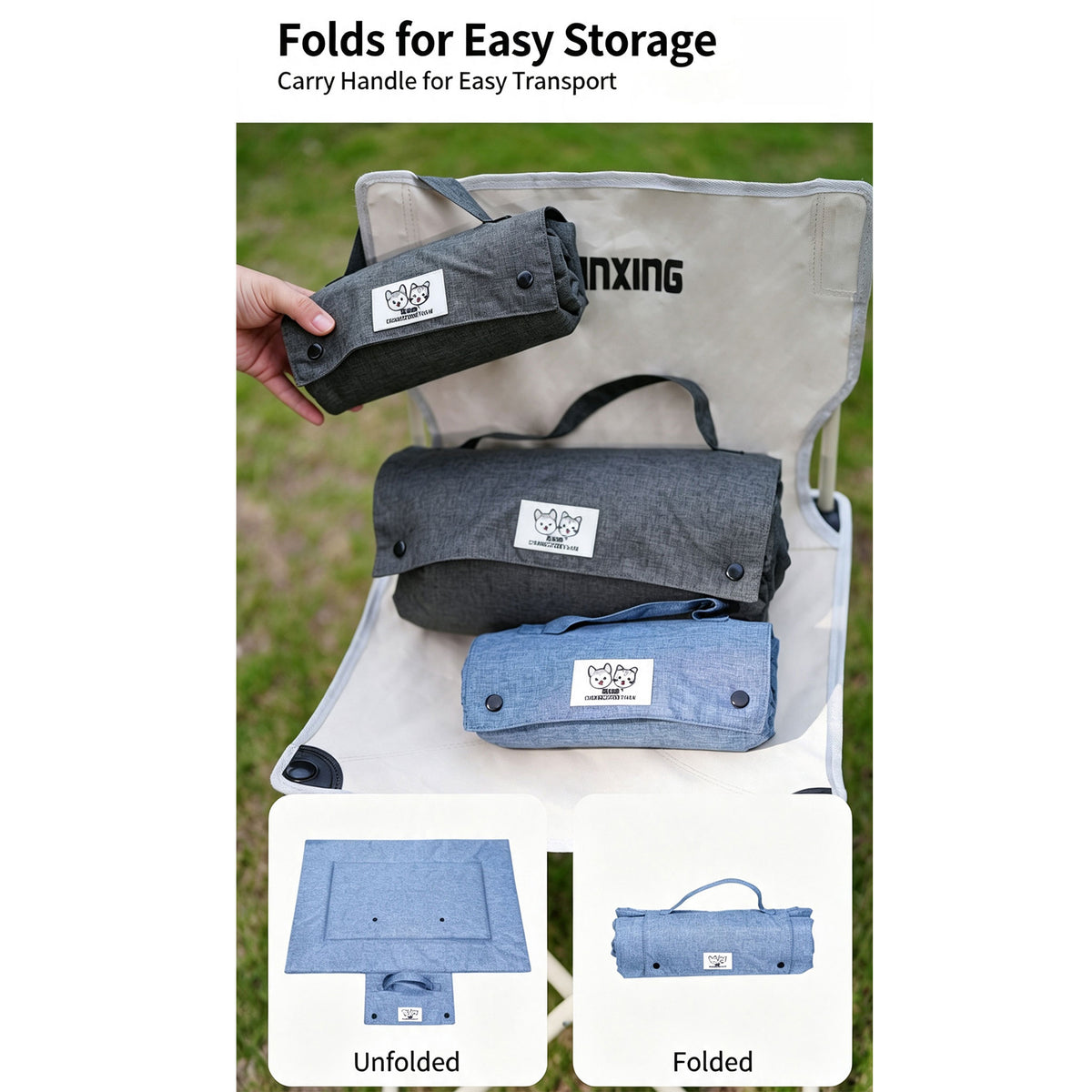 Portable Foldable Outdoor Pet Travel Mat, Reversible Scratch & Wear‑Resistant Water‑Repellent Sleeping Pad for Dogs & Cats, With Carry Handle, Denim Blue & Dark Grey, S/M/L Sizes