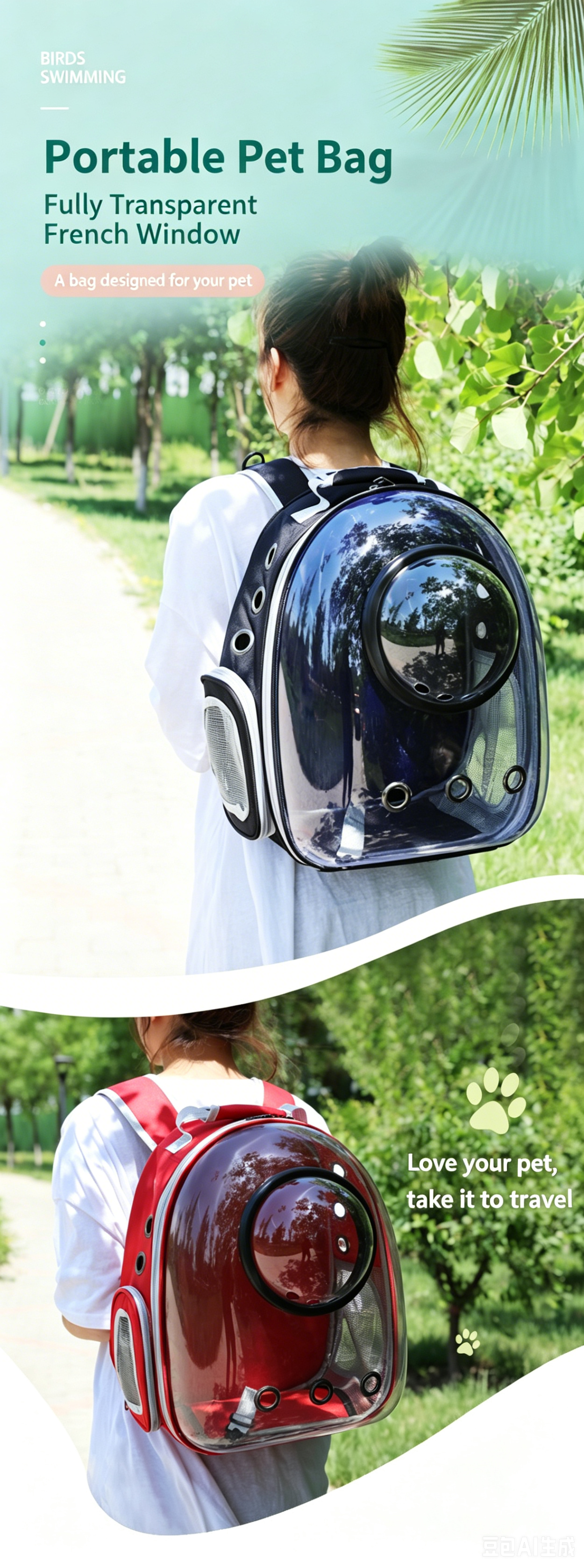 Cat Space Backpack Carrier, Semi‑Shaded Privacy Clear Pet Travel Backpack, Breathable Carrier for Small Cats & Puppies Under 6kg