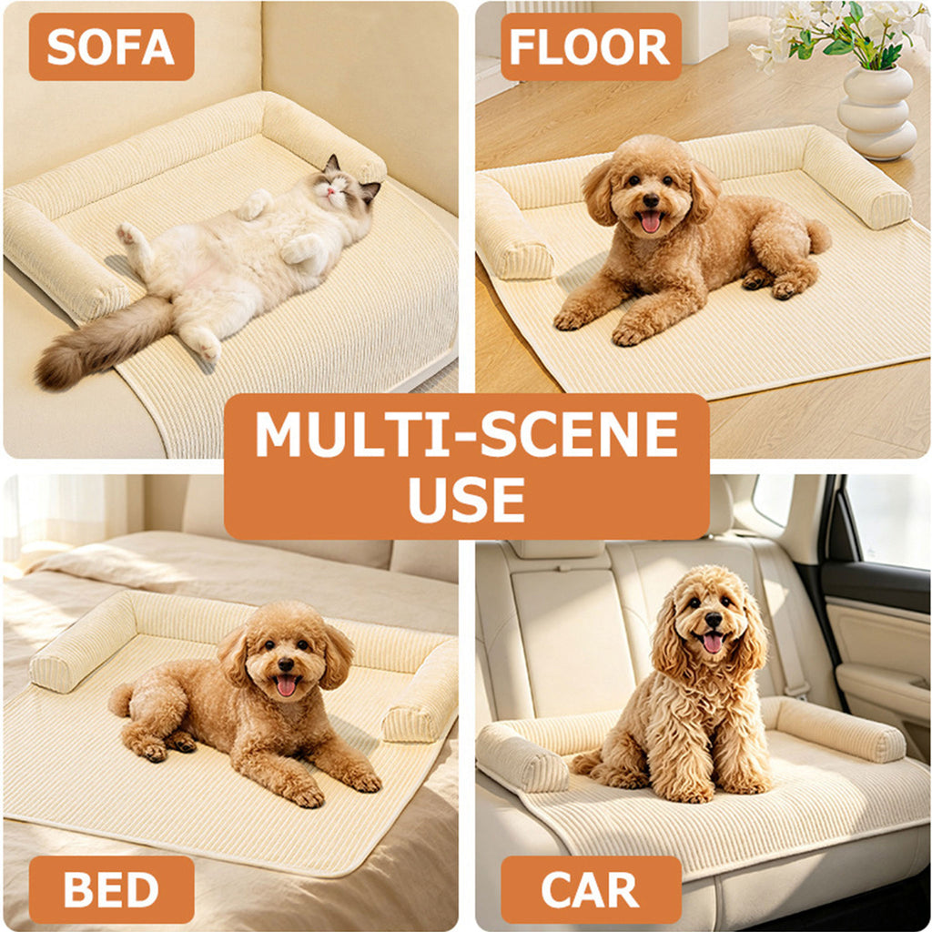 Pet Couch Bed Mat — Corduroy Dog Sofa Cover with Bolster, Non-Slip & Washable