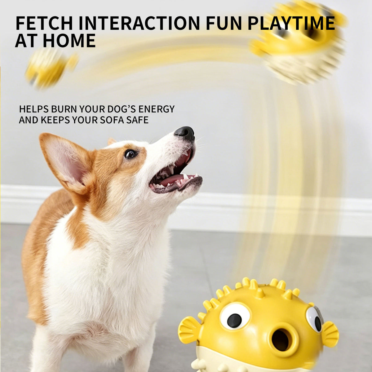 Bouncy Fish Dog Treat Dispenser Toy, Food‑Safe TPR Squeaky Chew Toy, Durable Interactive Molar Toy for Puppies Medium Large Dogs