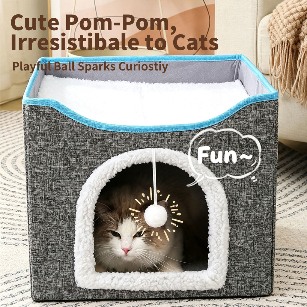 2‑Tier Foldable Cat House with Sisal Scratcher, Washable 2‑Story Cat Cube Bed, All‑Season Breathable Cat Condo