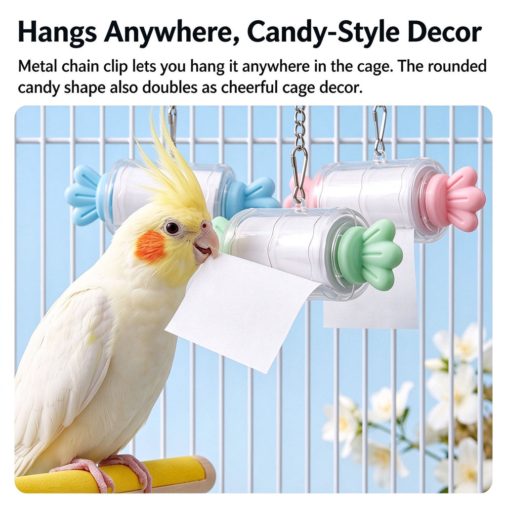 Candy-Style Bird Shredding Toy – Refillable Paper Roll Chew Toy for Parakeets, Cockatiels & Lovebirds