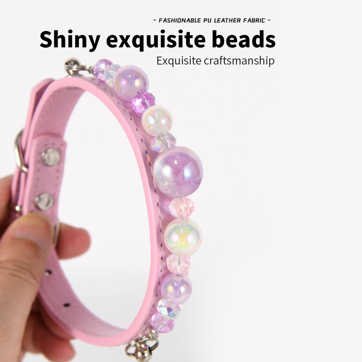 Stylish Pearl‑Decor Microfiber PU Leather Pet Collar, Adjustable Comfort Collar for Small Medium Large Dogs & Cats