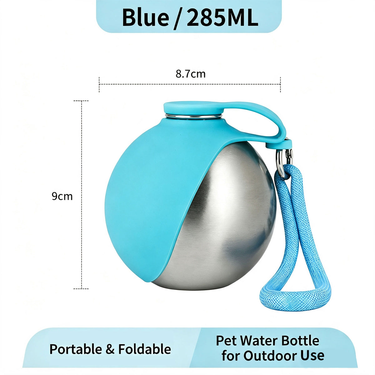 Portable Dog Water Bottle, 285ml Foldable Silicone Pet Travel Water Bowl, Stainless Steel Outdoor Water Dispenser for Walking Hiking Camping