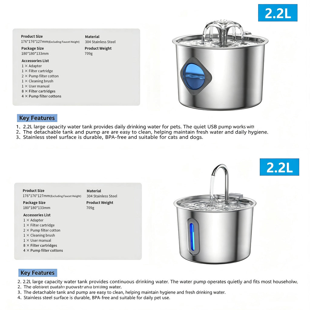 2L Pet Water Fountain, 304 Stainless Steel Automatic Water Dispenser for Cats & Dogs, Quiet Circulating Water Fountain with Bonus Filter Replacements 