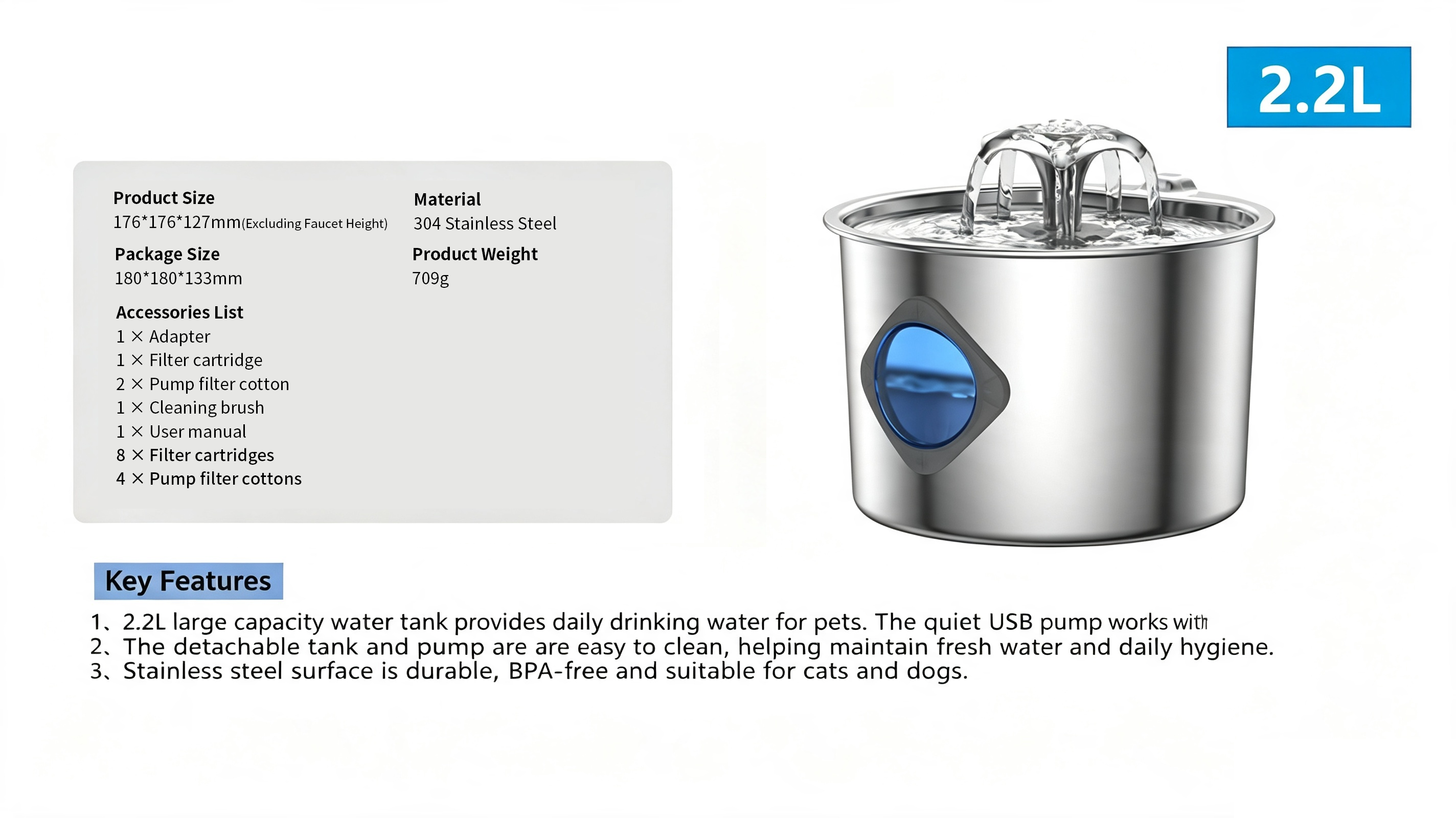 2L Pet Water Fountain, 304 Stainless Steel Automatic Water Dispenser for Cats & Dogs, Quiet Circulating Water Fountain with Bonus Filter Replacements 