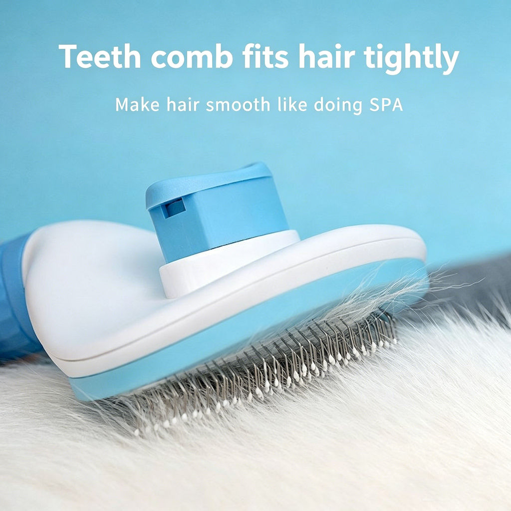 Self‑Cleaning Slicker Brush for Dogs & Cats, One‑Button Release Loose Hair, Gentle Fine Round Pins Pet Grooming Comb