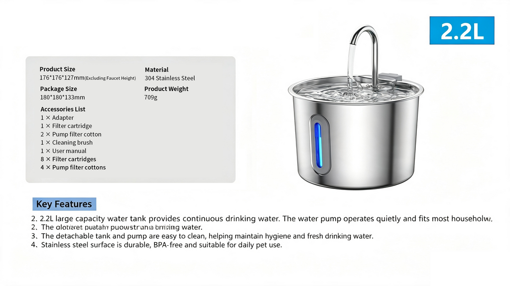 2L Pet Water Fountain, 304 Stainless Steel Automatic Water Dispenser for Cats & Dogs, Quiet Circulating Water Fountain with Bonus Filter Replacements 