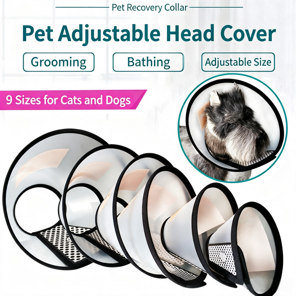 Transparent Elizabethan E‑Collar, Adjustable Recovery Cone for Dogs & Cats, 9 Sizes Available