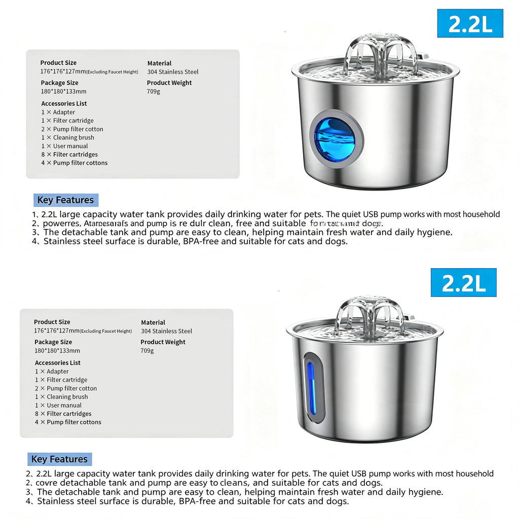 2L Pet Water Fountain, 304 Stainless Steel Automatic Water Dispenser for Cats & Dogs, Quiet Circulating Water Fountain with Bonus Filter Replacements 