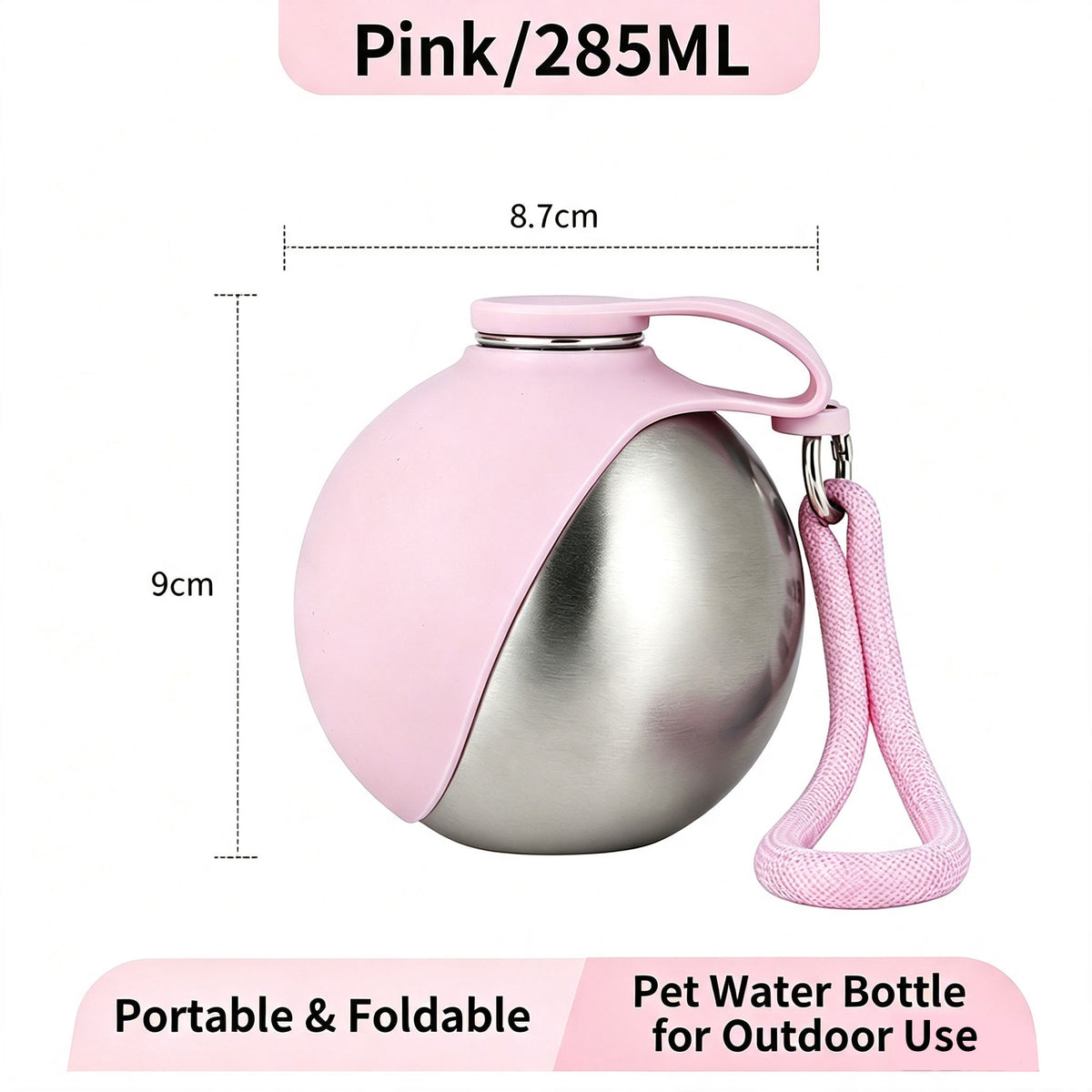 Portable Dog Water Bottle, 285ml Foldable Silicone Pet Travel Water Bowl, Stainless Steel Outdoor Water Dispenser for Walking Hiking Camping