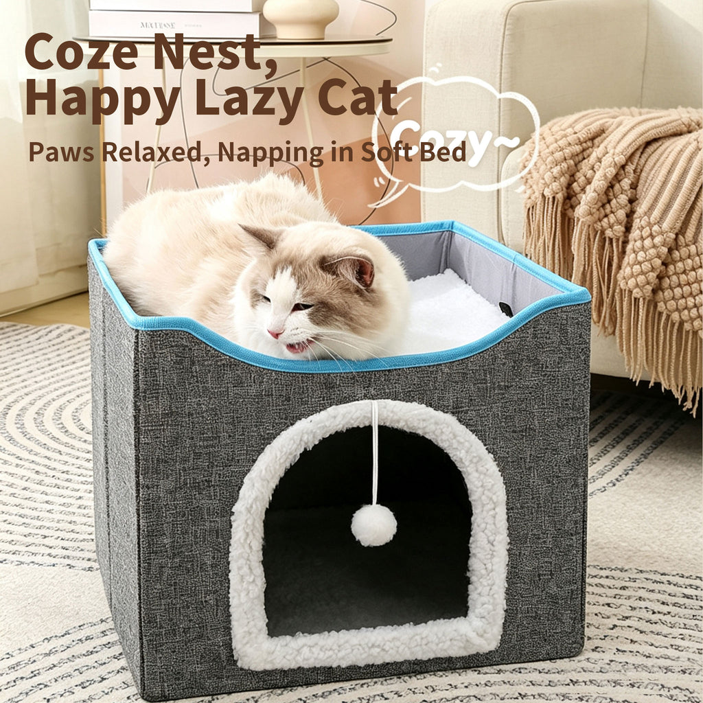 2‑Tier Foldable Cat House with Sisal Scratcher, Washable 2‑Story Cat Cube Bed, All‑Season Breathable Cat Condo
