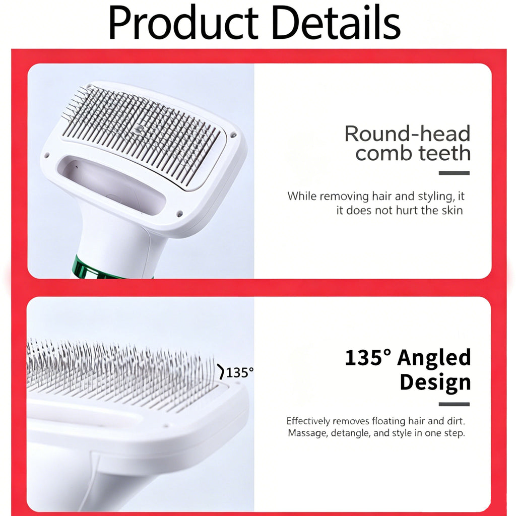 2‑in‑1 Pet Hair Dryer Brush, 300W Low‑Noise Hot Air Grooming Comb, 3 Speed Adjustable, Detangling & Drying Brush for Dogs & Cats, 110‑230V Multi‑Plug