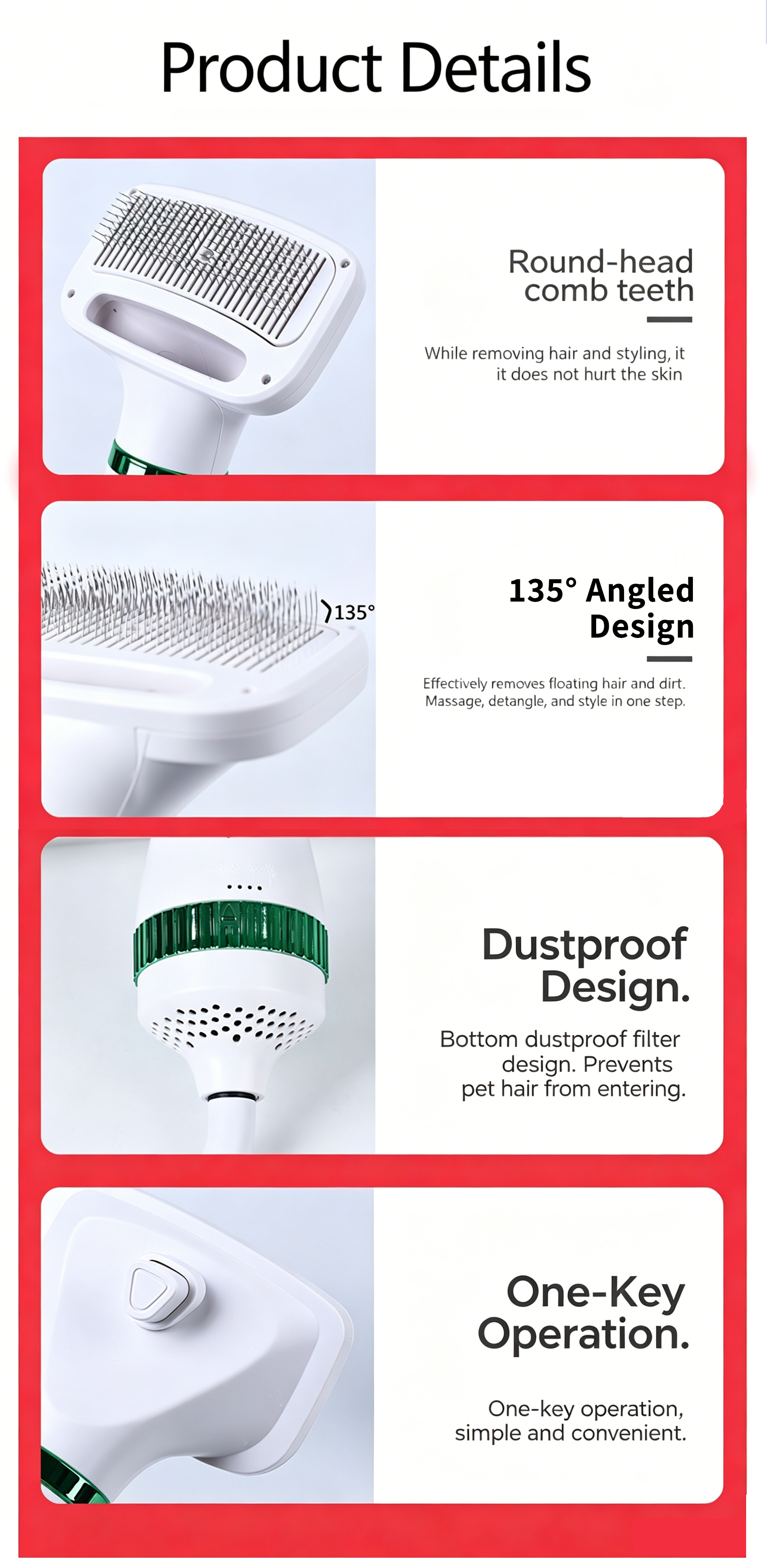 2‑in‑1 Pet Hair Dryer Brush, 300W Low‑Noise Hot Air Grooming Comb, 3 Speed Adjustable, Detangling & Drying Brush for Dogs & Cats, 110‑230V Multi‑Plug