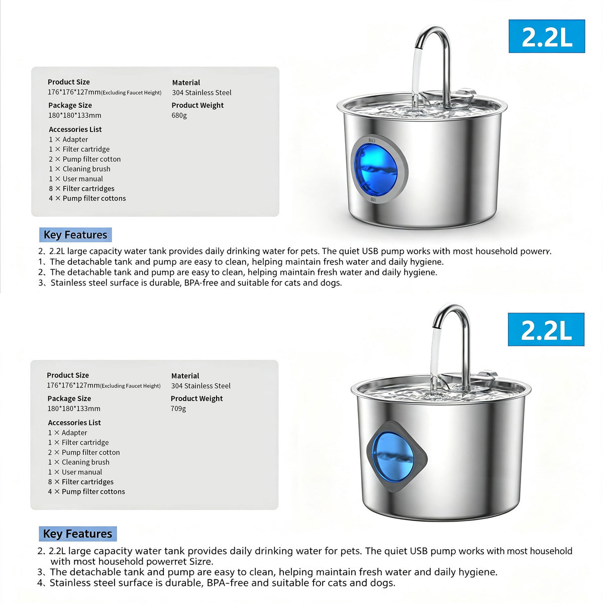 2L Pet Water Fountain, 304 Stainless Steel Automatic Water Dispenser for Cats & Dogs, Quiet Circulating Water Fountain with Bonus Filter Replacements 