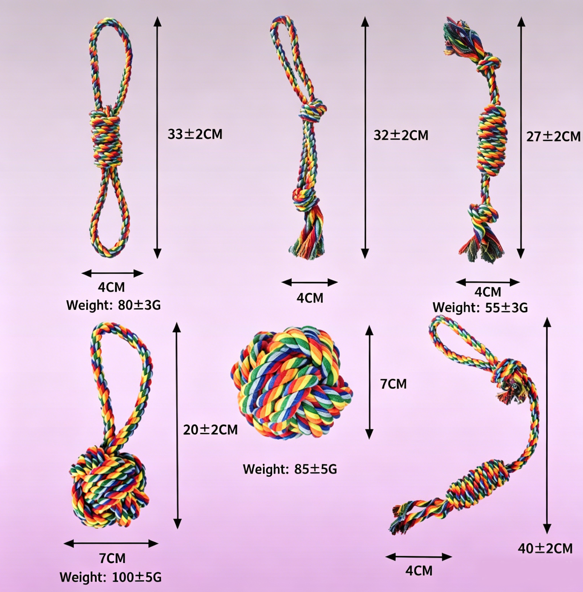 Rainbow Braided Cotton Rope Dog Chew Toy Sets, Multi Shape Interactive Play Toys for All Breeds Dogs