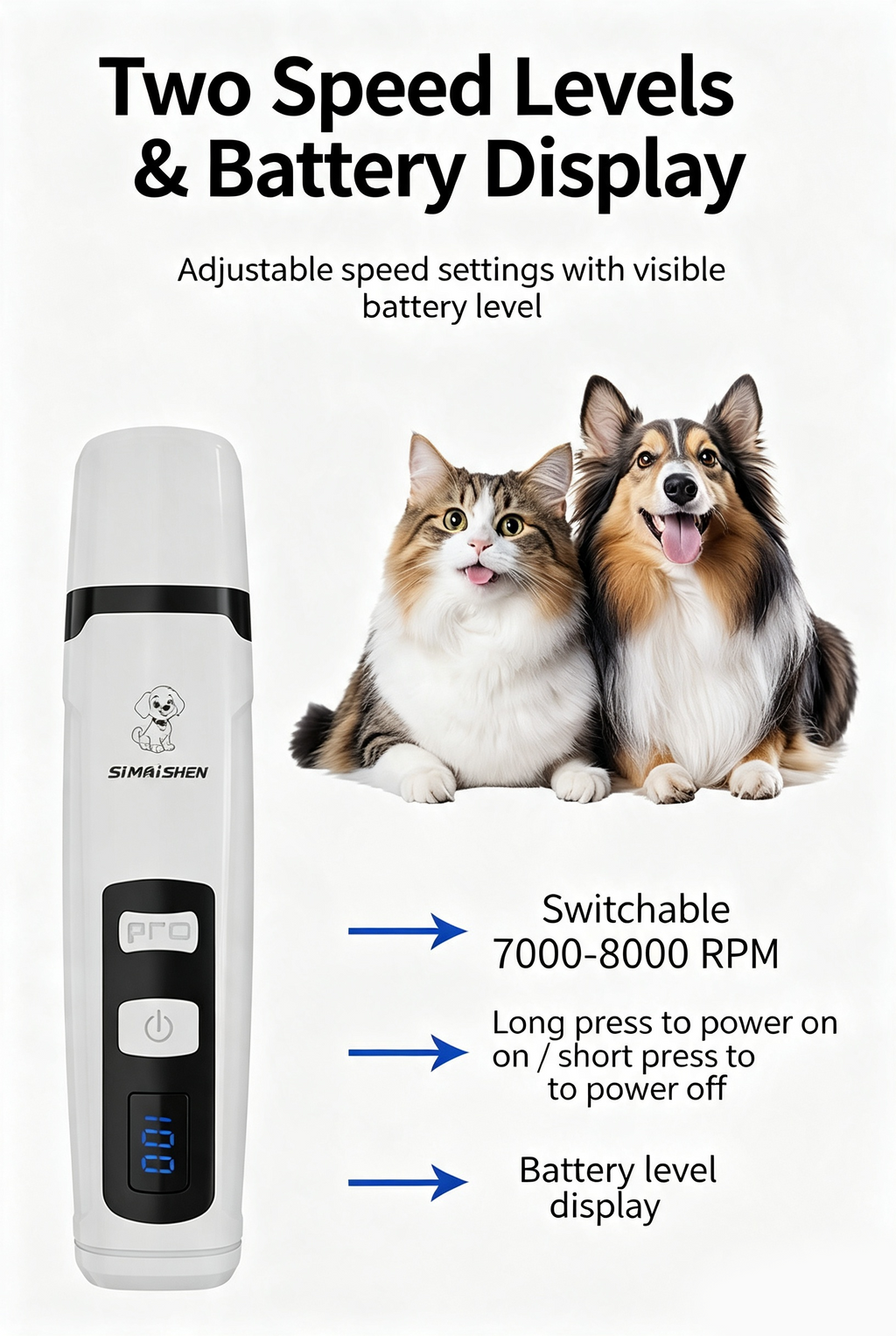 Rechargeable Electric Pet Nail Grinder, Low‑Vibration Quiet Nail Trimmer with Dual LED Lights, 2‑Speed for Dogs & Cats, Comes with 2 Extra Grinding Heads