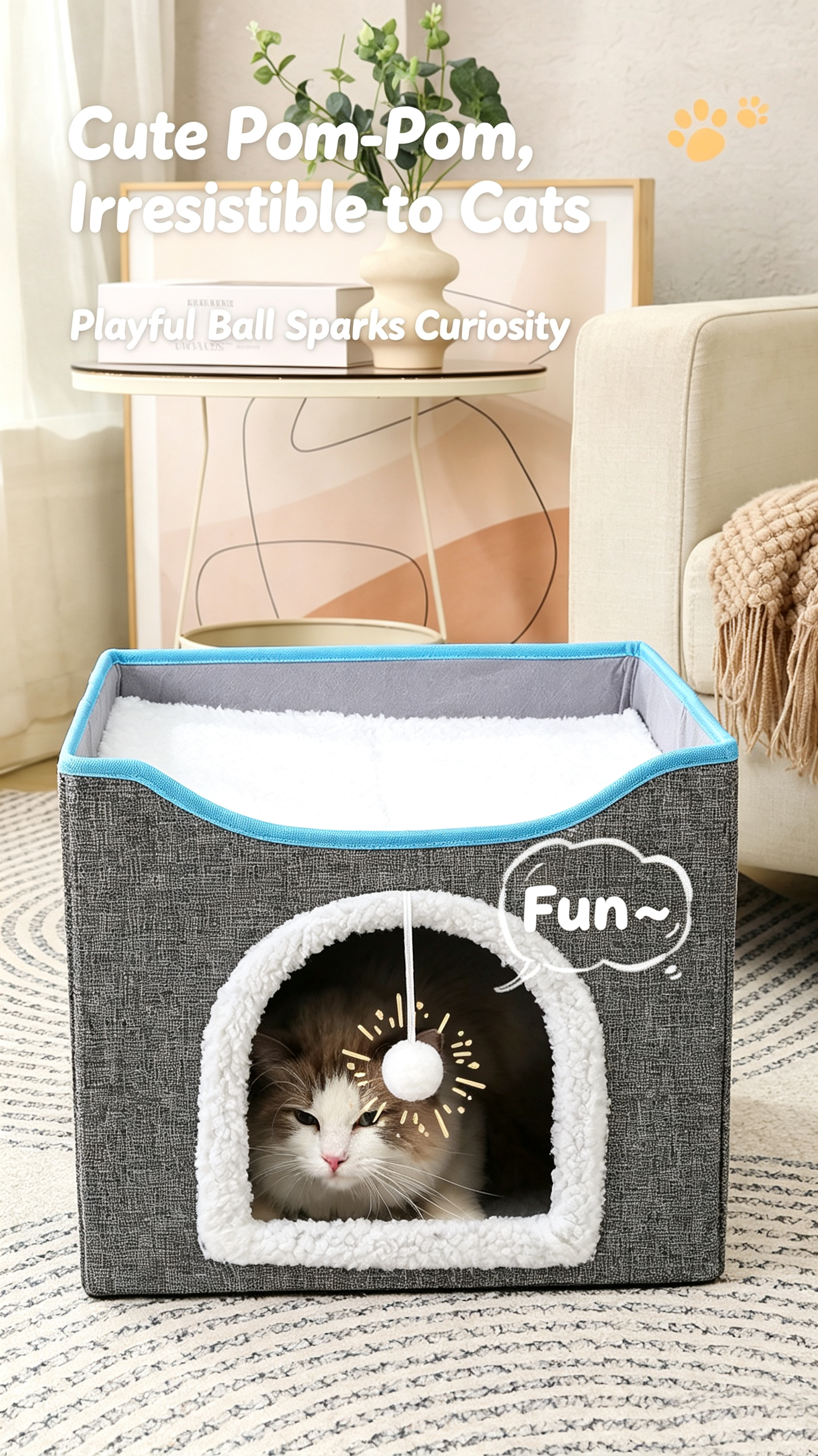 2‑Tier Foldable Cat House with Sisal Scratcher, Washable 2‑Story Cat Cube Bed, All‑Season Breathable Cat Condo