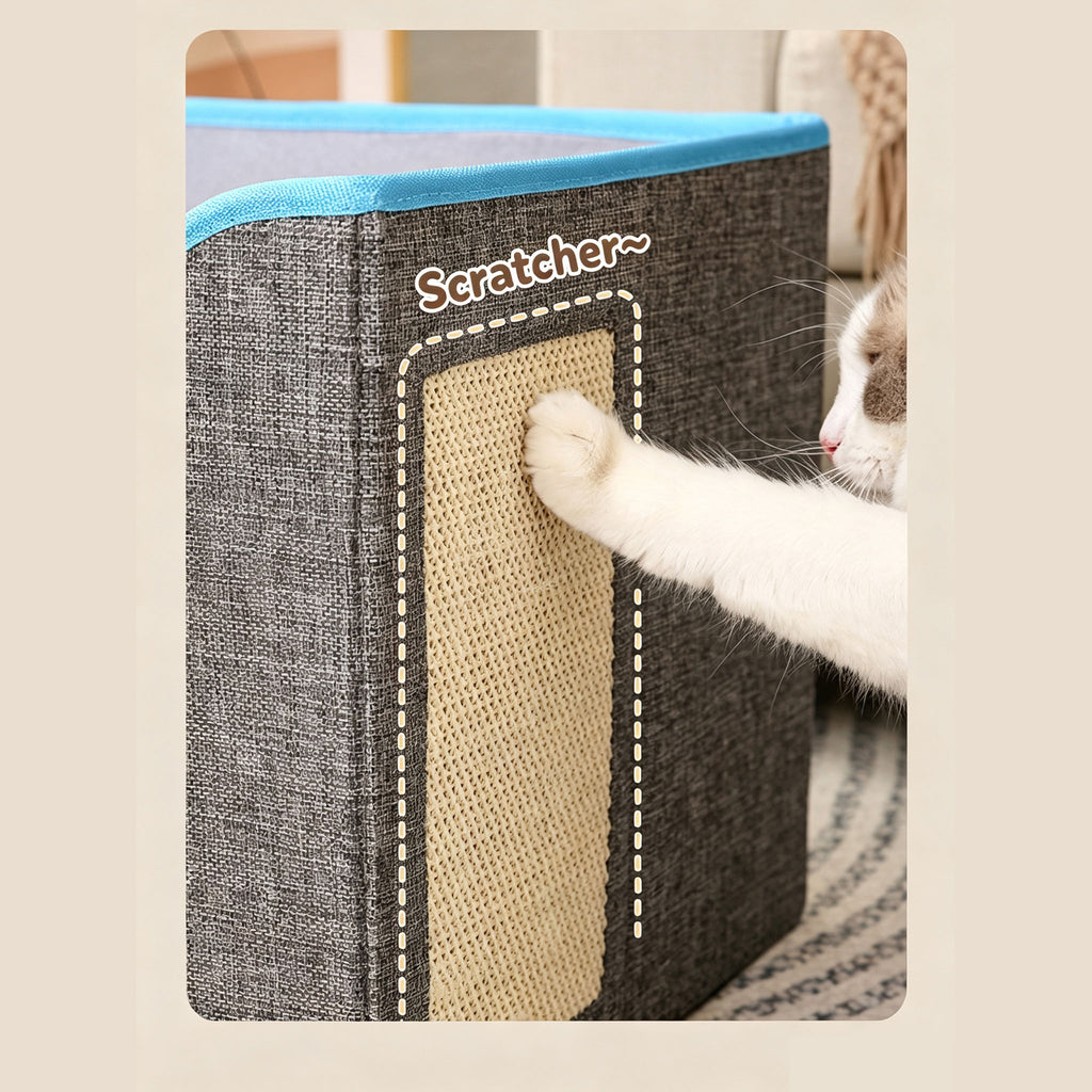 2‑Tier Foldable Cat House with Sisal Scratcher, Washable 2‑Story Cat Cube Bed, All‑Season Breathable Cat Condo