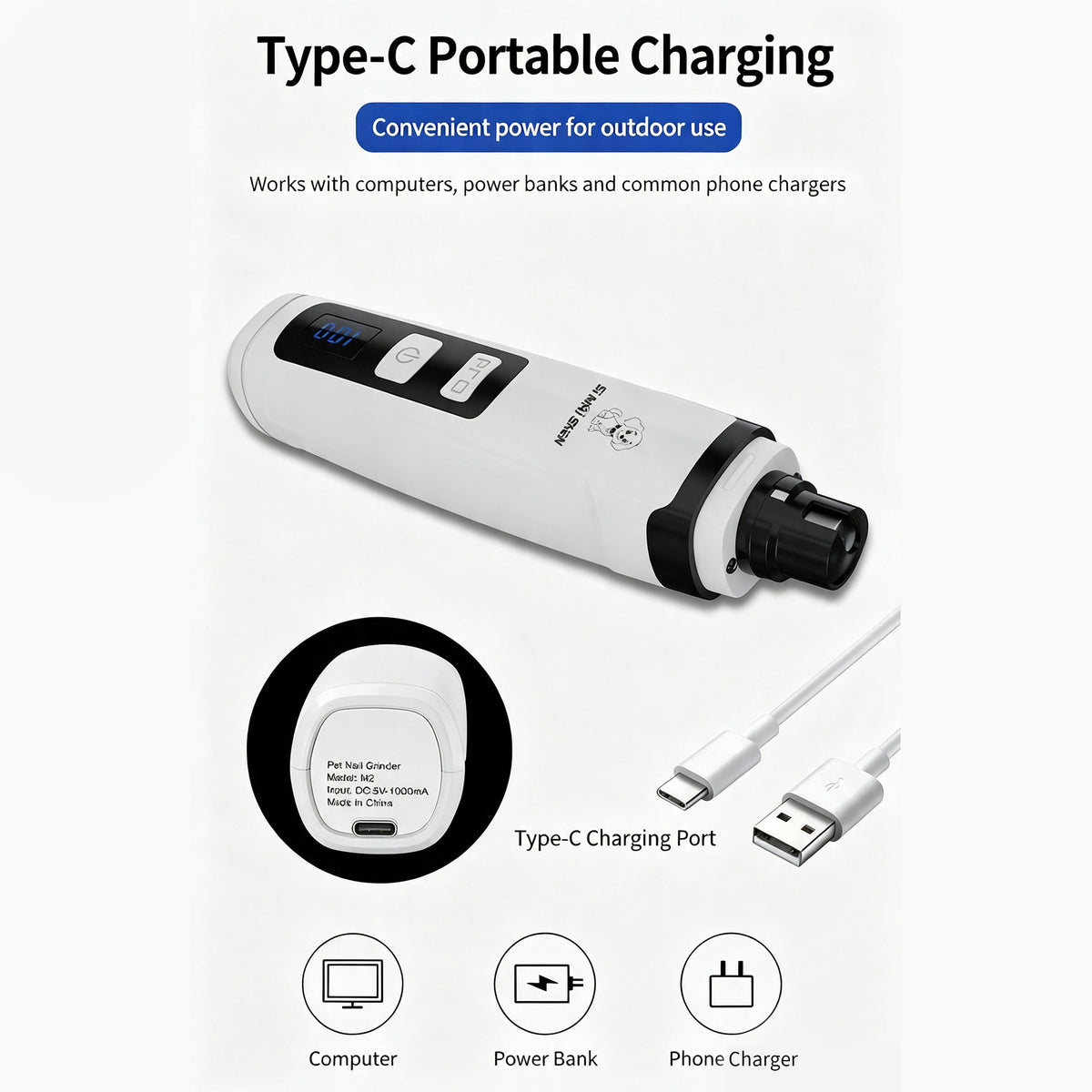 Rechargeable Electric Pet Nail Grinder, Low‑Vibration Quiet Nail Trimmer with Dual LED Lights, 2‑Speed for Dogs & Cats, Comes with 2 Extra Grinding Heads