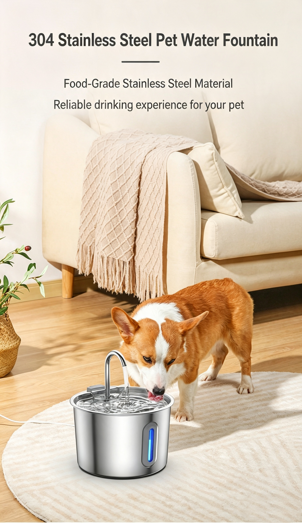 2L Pet Water Fountain, 304 Stainless Steel Automatic Water Dispenser for Cats & Dogs, Quiet Circulating Water Fountain with Bonus Filter Replacements 