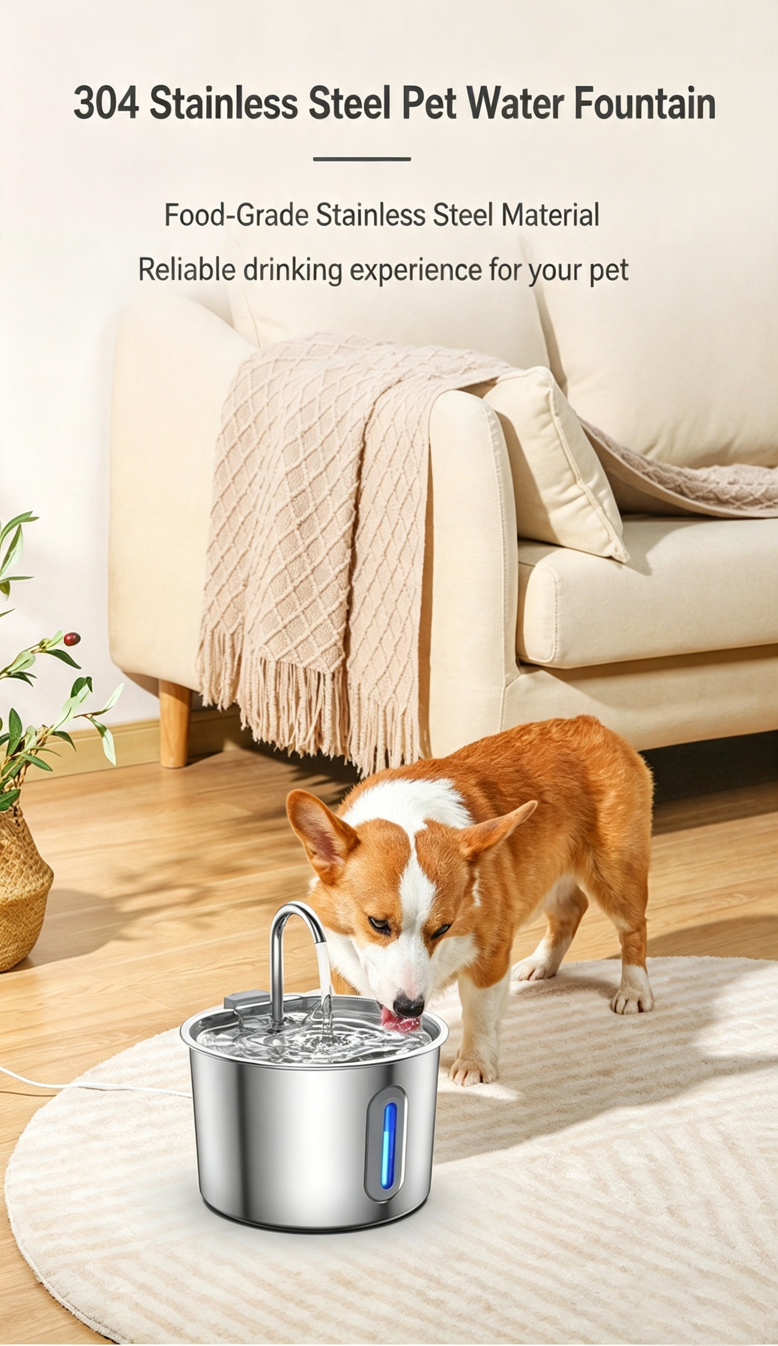 2L Pet Water Fountain, 304 Stainless Steel Automatic Water Dispenser for Cats & Dogs, Quiet Circulating Water Fountain with Bonus Filter Replacements 