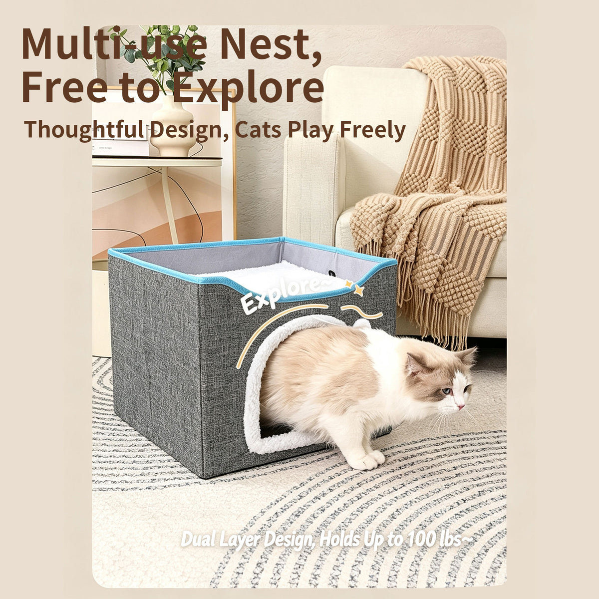 2‑Tier Foldable Cat House with Sisal Scratcher, Washable 2‑Story Cat Cube Bed, All‑Season Breathable Cat Condo