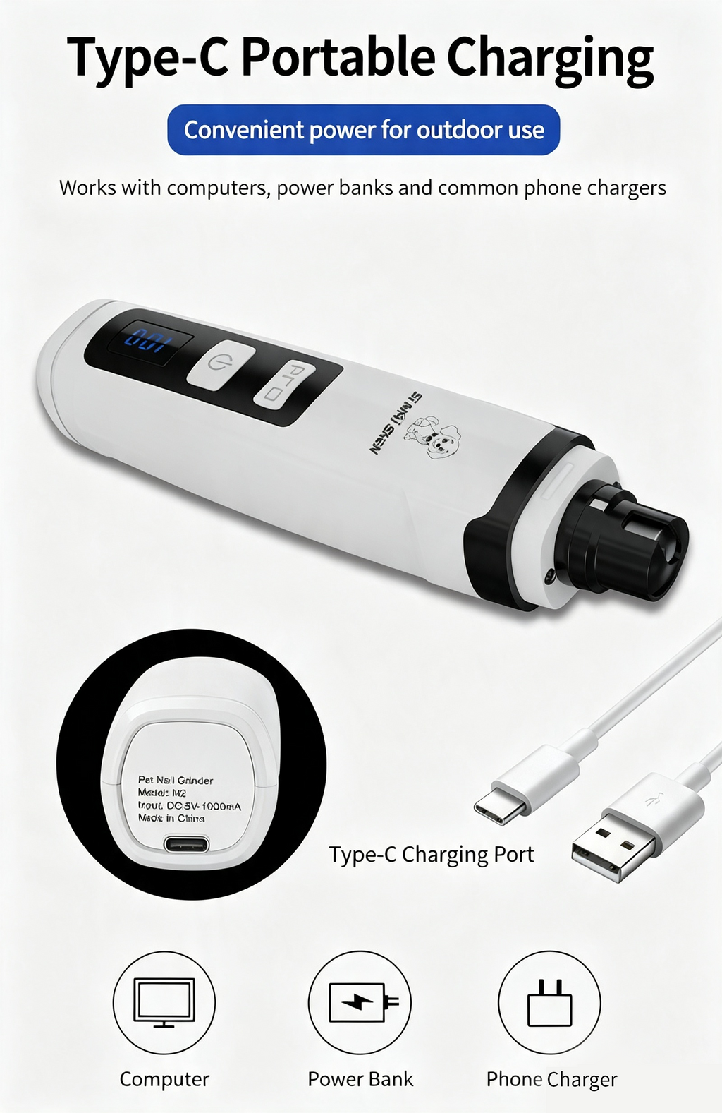 Rechargeable Electric Pet Nail Grinder, Low‑Vibration Quiet Nail Trimmer with Dual LED Lights, 2‑Speed for Dogs & Cats, Comes with 2 Extra Grinding Heads