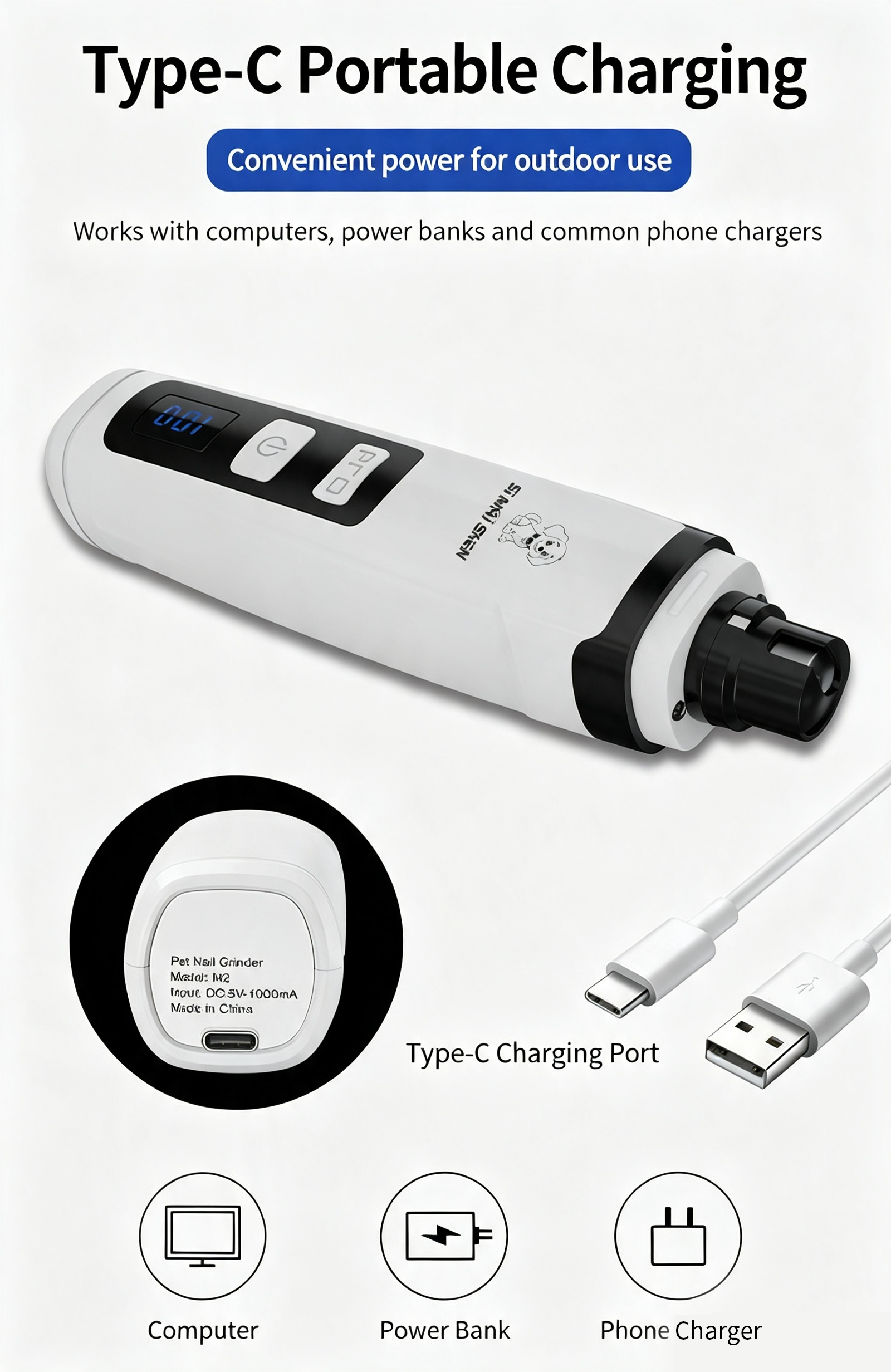 Rechargeable Electric Pet Nail Grinder, Low‑Vibration Quiet Nail Trimmer with Dual LED Lights, 2‑Speed for Dogs & Cats, Comes with 2 Extra Grinding Heads