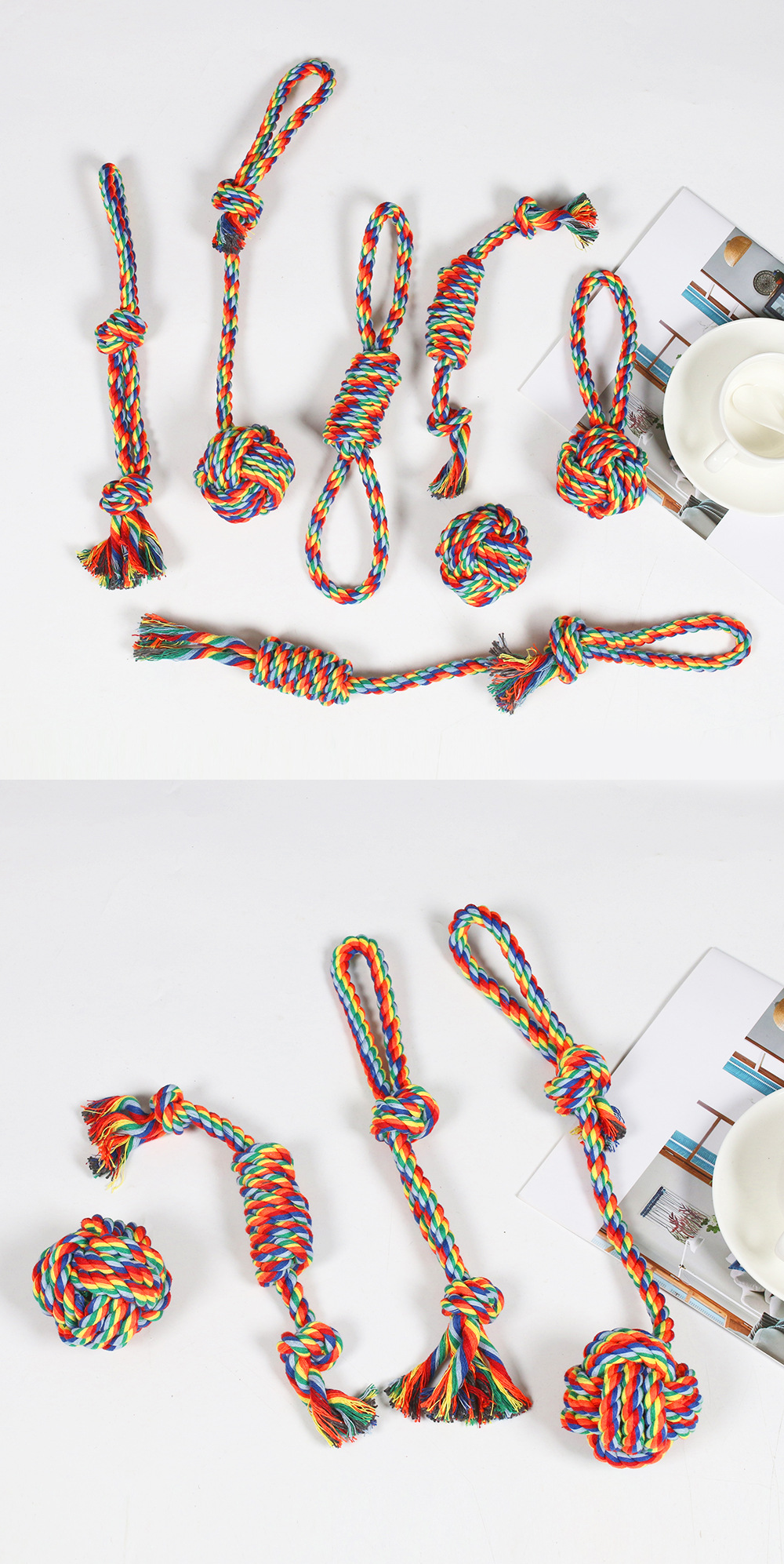 Rainbow Braided Cotton Rope Dog Chew Toy Sets, Multi Shape Interactive Play Toys for All Breeds Dogs