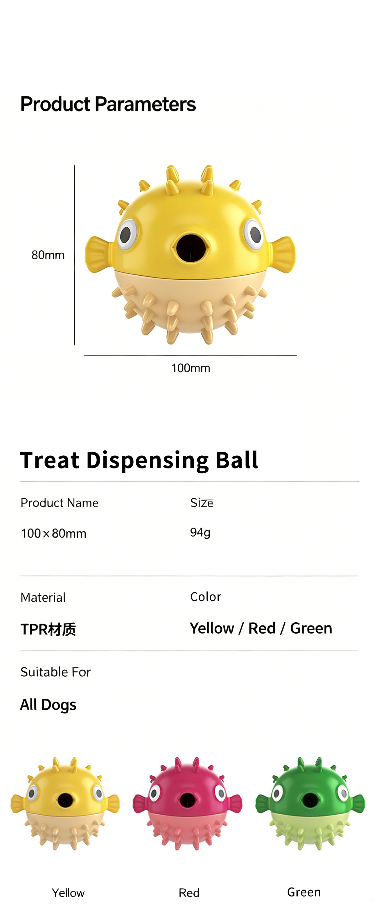 Bouncy Fish Dog Treat Dispenser Toy, Food‑Safe TPR Squeaky Chew Toy, Durable Interactive Molar Toy for Puppies Medium Large Dogs