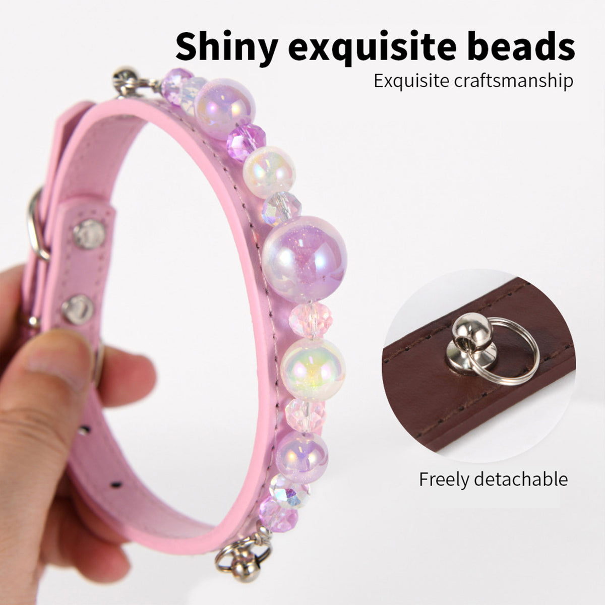 Stylish Pearl‑Decor Microfiber PU Leather Pet Collar, Adjustable Comfort Collar for Small Medium Large Dogs & Cats