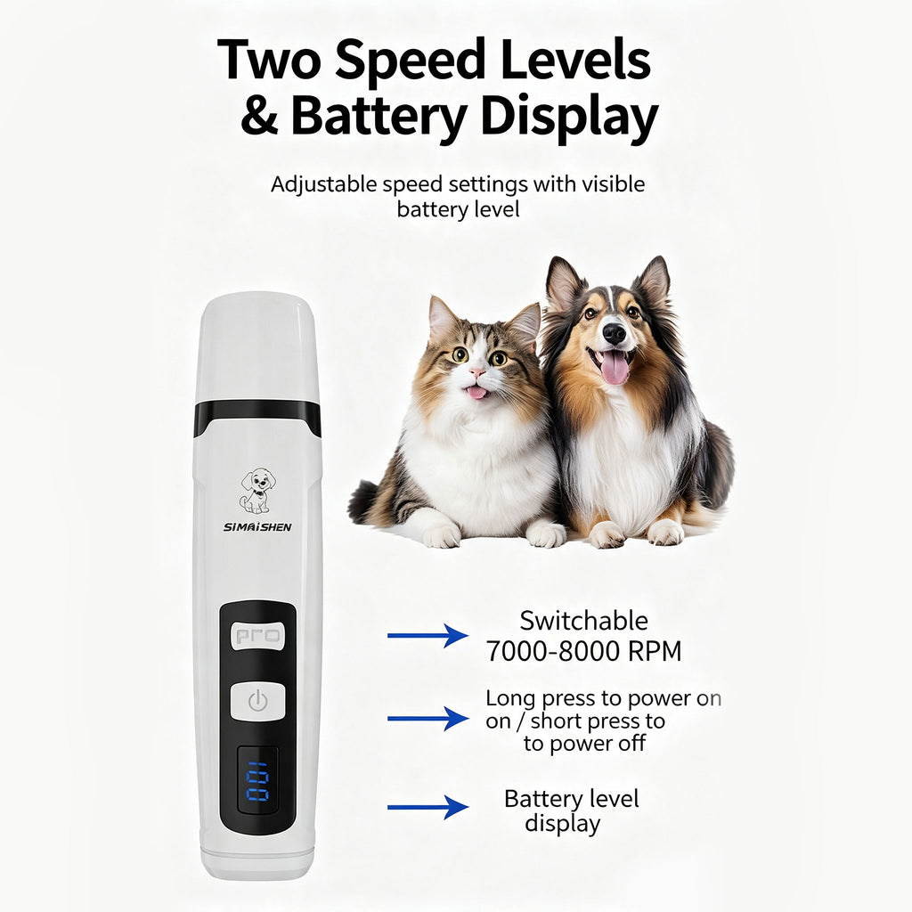 Rechargeable Electric Pet Nail Grinder, Low‑Vibration Quiet Nail Trimmer with Dual LED Lights, 2‑Speed for Dogs & Cats, Comes with 2 Extra Grinding Heads