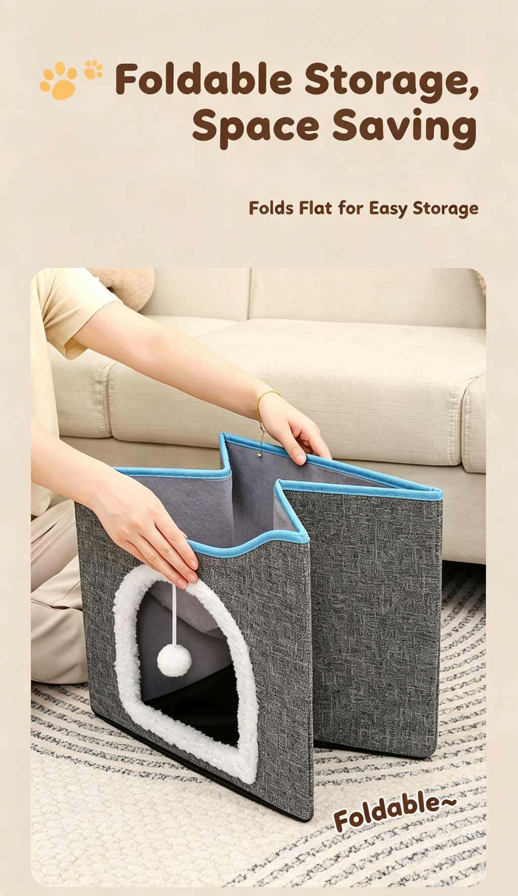 2‑Tier Foldable Cat House with Sisal Scratcher, Washable 2‑Story Cat Cube Bed, All‑Season Breathable Cat Condo