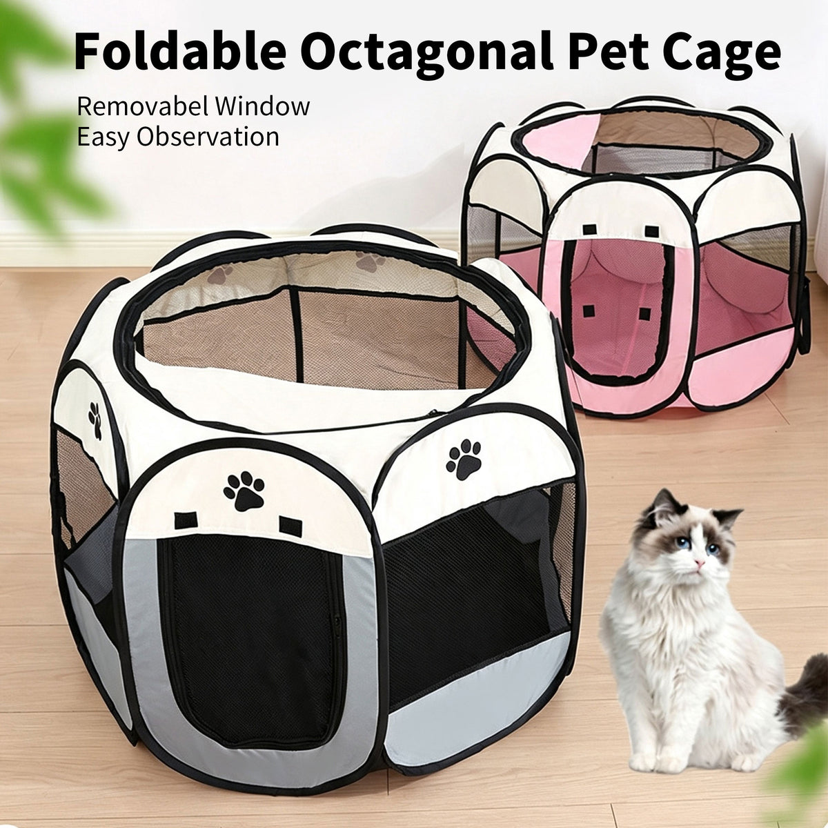 Foldable Octagonal Pet Playpen, Oxford Mesh Enclosure for Cats & Dogs, Portable Whelping Tent with Removable Top, 8 Colors S/M/L