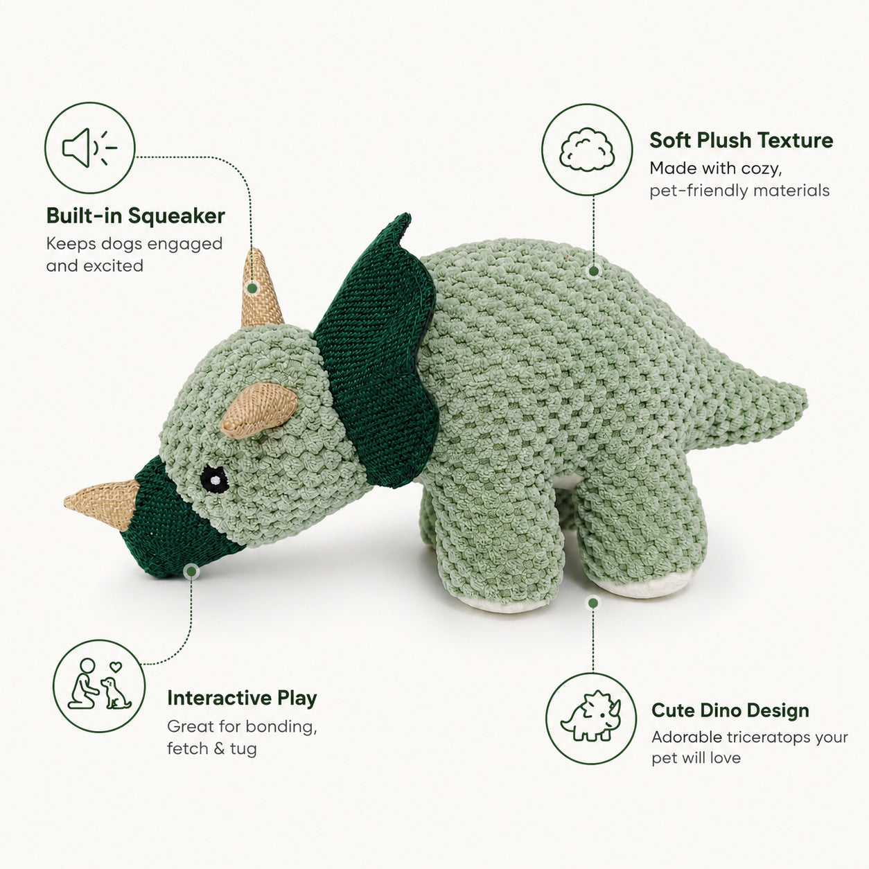 Green Dinosaur Plush Pet Toy, Soft Interactive Chew Toy for Dogs and Cats, Lightweight Cuddle & Fetch Play Toy