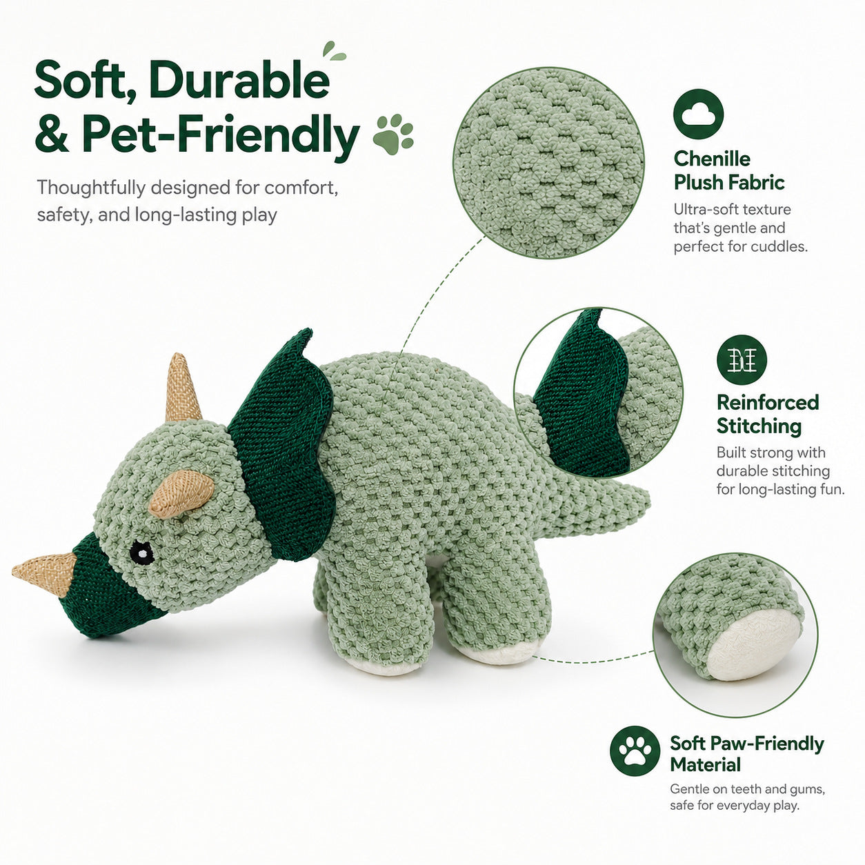 Green Dinosaur Plush Pet Toy, Soft Interactive Chew Toy for Dogs and Cats, Lightweight Cuddle & Fetch Play Toy