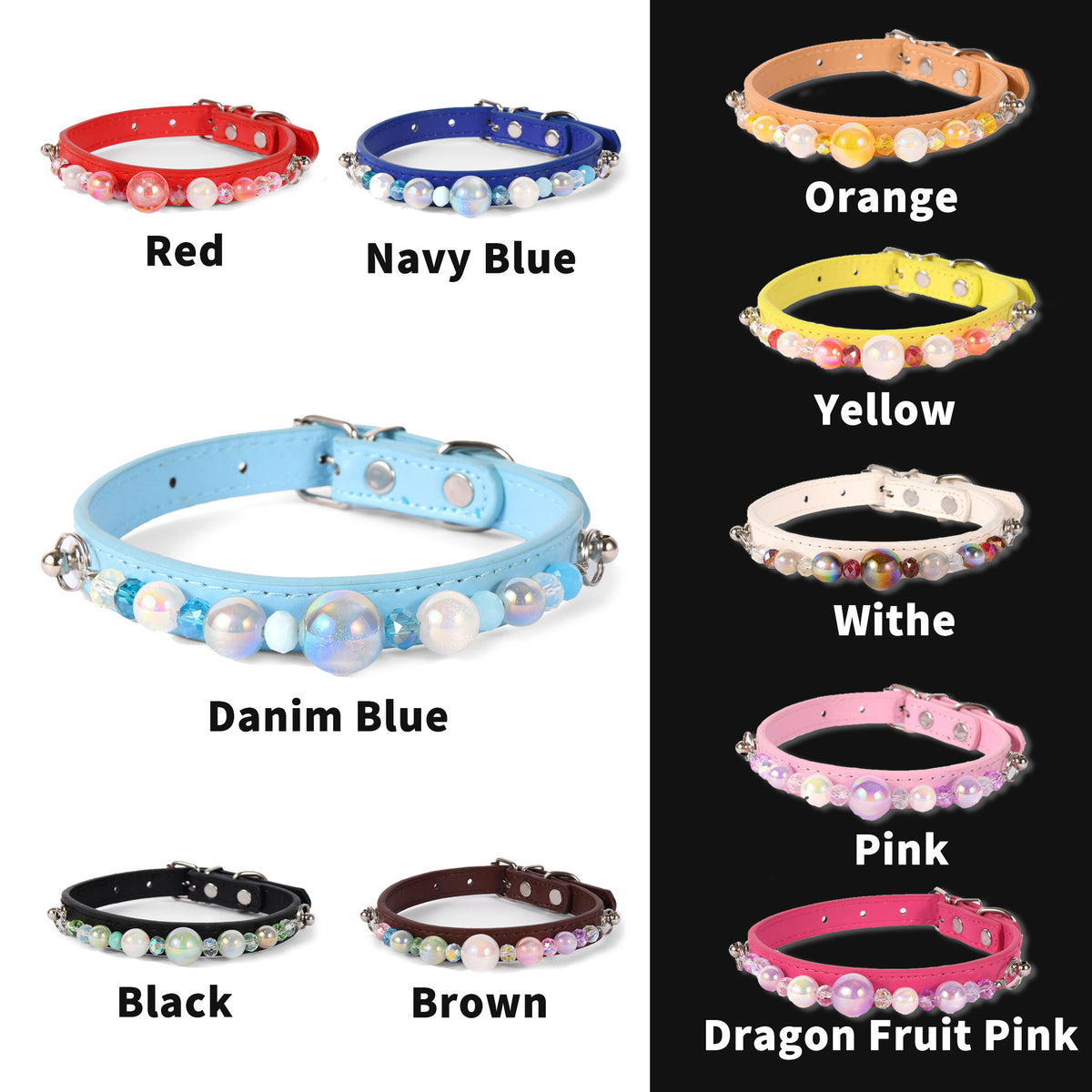 Light blue PU leather dog collar with iridescent pearl beads