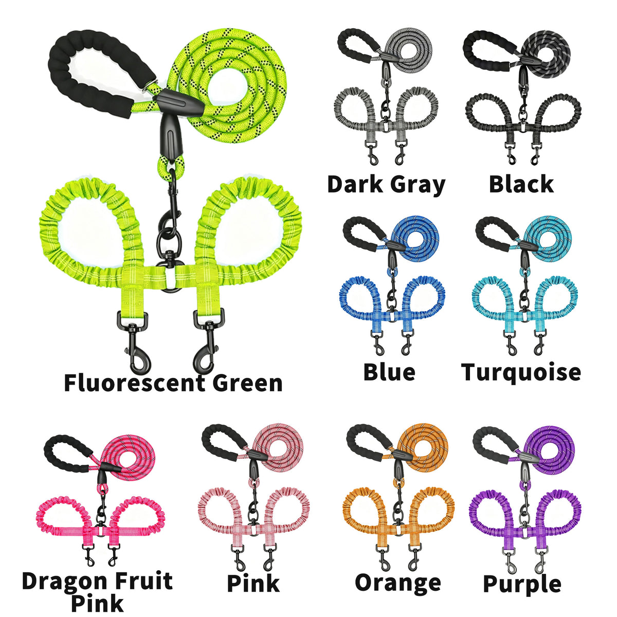 Gray reflective Y-shaped dual dog leash with padded handle