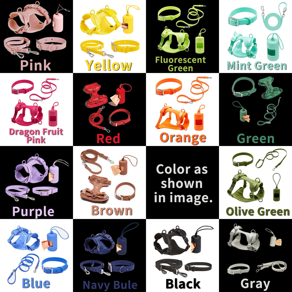 Pink anti-pull dog harness set with matching collar, leash, and poop bag dispenser