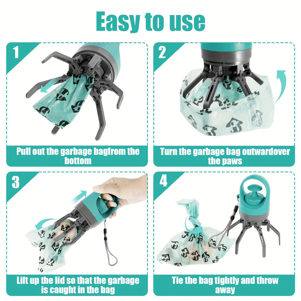 Foldable 6-Claw Pet Pooper Scooper, Cup-Shape Portable Waste Grabber with Built-in Waste Bag Dispenser, Zero-Contact Dog & Cat Poop Picker for Outdoor Walking